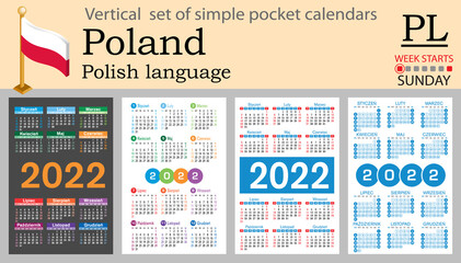 Polish vertical pocket calendar for 2022. Week starts Sunday