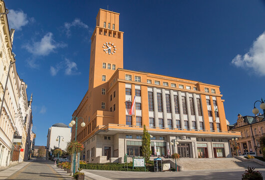Czechia - North Bohemia - Jablonec-nad-Nisou - Strong and impressive architecture of functionalist town hall with high clock tower on the central square of town