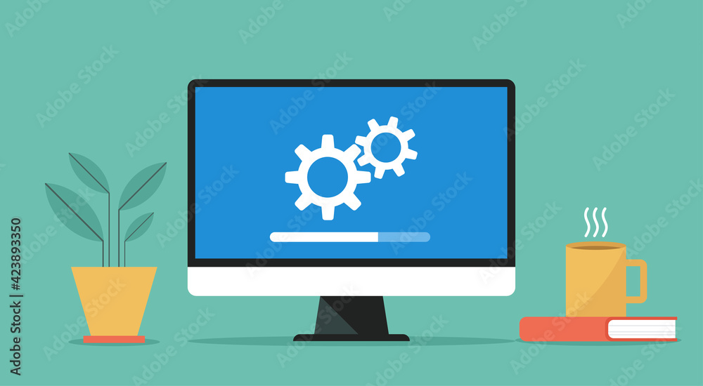 Wall mural computer with software system update and development concept, vector flat design illustration