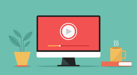 video player icon on computer, concept of webinar, business online training, education or e-learning and video tutorial, vector flat design illustration - obrazy, fototapety, plakaty