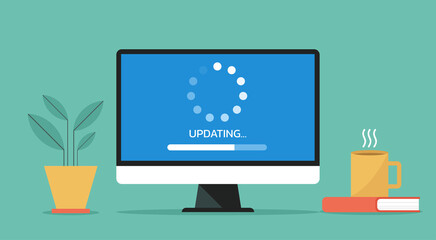 system software updating or loading process concept on computer screen, vector flat design illustration