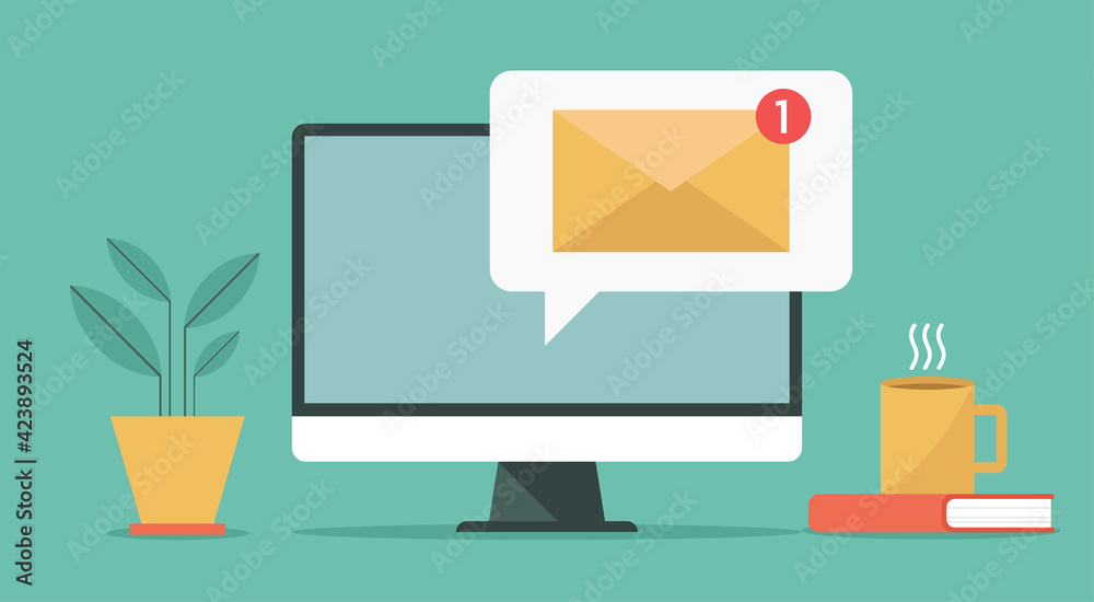 Wall mural new email notification on computer display screen concept, vector flat design illustration