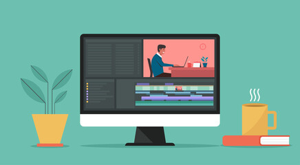 Video editing software on computer concept. Workplace for freelancer and editor, vlogger or movie making, vector flat design illustration