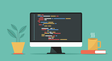 coding and programming software on window computer screen concept, vector flat design illustration - obrazy, fototapety, plakaty