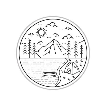 recommend clip art: camping in the beautiful lake nature adventure in mono line art, badge patch pin graphic illustration vector art t-shirt design