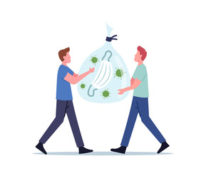 Male Janitors Carry Litter Sack with Used Medical Mask and Coronavirus Cells Inside. Covid Waste Recycling Bio Hazard