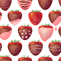 Seamless pattern with strawberry in chocolate. Endless texture with berries covered with glaze. Illustration can be used for restaurant and cafe menu and food projects.