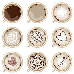 Set with different sorts of coffee in white cups. Illustration on white background can be used for cafe menu and food projects.