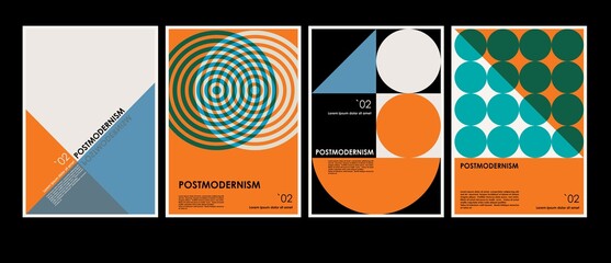 Artworks, posters inspired postmodern of vector abstract dynamic symbols with bold geometric shapes, useful for web background, poster art design, magazine front page, hi-tech print, cover artwork. - 423893948