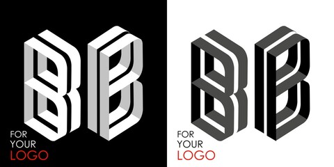 Isometric letter B in two perspectives. From stripes, lines. Template for creating logos, emblems, monograms. Black and white options. 3D art symbol. Vector illustration. Other letters in my portfolio