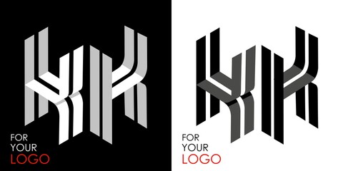 Isometric letter K in two perspectives. From stripes, lines. Template for creating logos, emblems, monograms. Black and white options. 3D art symbol. Vector illustration. Other letters in my portfolio