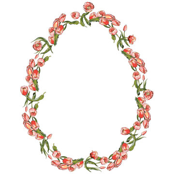 A wreath of pink tulips in the shape of an oval, eggs. Wedding decoration, greeting cards, mother's day. For a religious holiday. Communion, confirmation, Palm Sunday. Egg. Greeting picture for Easter