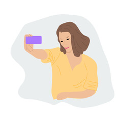 Business, young woman holding smart phone for chatting online Female character with a mobile phone, taking a selfie or taking video in social networks. Colored flat illustration isolated on white