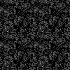 Abstract floral vector seamless pattern with white contours of rose flowers on black background. Template for design, textile, wallpaper, wrapping, carton.