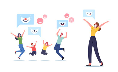 Adult and Children Characters Wearing Funny Kids Masks with Animal Muzzles for Protection of Coronavirus Cells or Dust