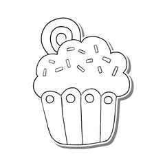 Black line cupcake on white silhouette and gray shadow. Hand drawn cartoon style. Doodle for coloring, decoration or any design. Vector illustration of kid art.