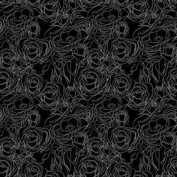 Abstract floral vector seamless pattern with white contours of rose flowers on black background. Template for design, textile, wallpaper, wrapping, carton.