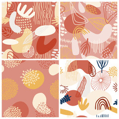 Abstract pattern with organic shapes in pastel colors mustard yellow, pink. Organic background with spots.