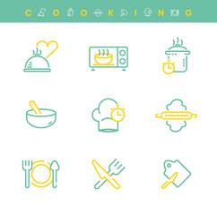 Modern cooking icon set. As part of the 9-piece kitchen. Creative kitchen utensils in modern line style for your web mobile app logo design. Pictogram isolated on a white background. Editable line.