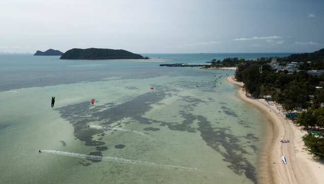 Aerial drone photo of a group of kiters at Koh Phangan island in Thailand