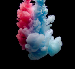 Multi-colored paints in water. Ink swirls underwater. A cloud of collision of bright ink on a black background. Colorful abstract explosion of smoke. Abstract background