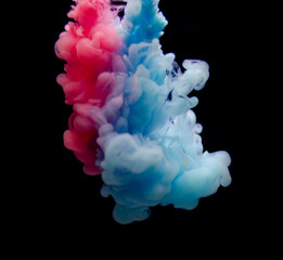Multi-colored paints in water. Ink swirls underwater. A cloud of collision of bright ink on a black background. Colorful abstract explosion of smoke. Abstract background