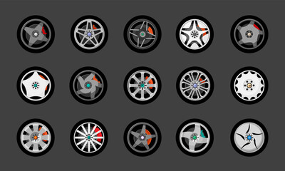 Modern car rims with star drawing set. Creative metallic racing and city transport ribbed round design made reinforced strong steel for high speeds and loads. Vector vehicle reliability.