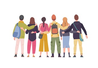 Fototapeta premium Group young friends standing with their backs hugging each other illustration. Joyful warm relations among students and old acquaintances meeting after long separation of friend. Friendship vector.