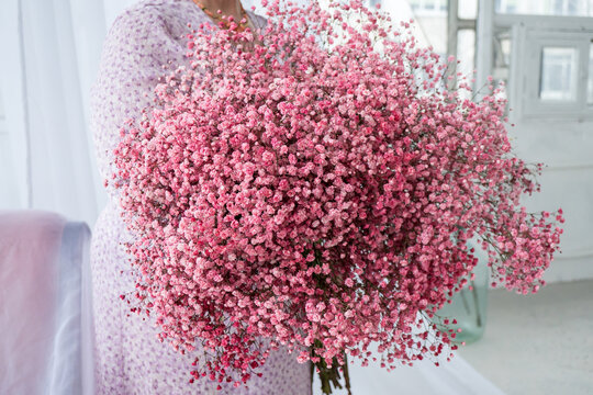Bride plus size holding bouquet of flowers pink gipsofila