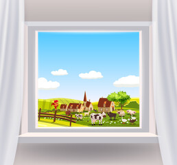Open window interior home with a rural landscape view nature. Country spring summer landscape from view the window of houses farm, animals, green meadow fields panorama. Vector illustration