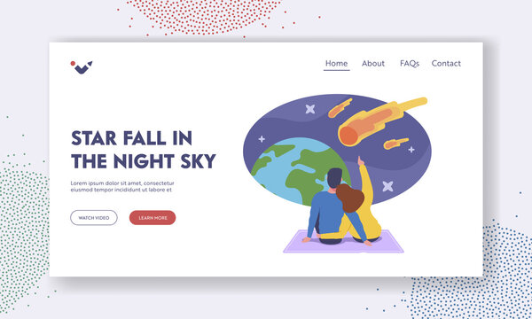 Characters Watching Meteorite Fall, Dating Landing Page Template. Loving Couple Make Wish Look on Sky with Falling Stars