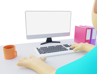 3d illustration of man working on pc with blank monitor