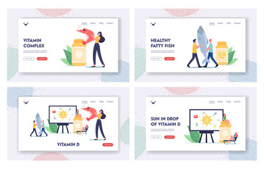 Fototapeta na wymiar Nutritional Addictive Supplements for Health Landing Page Template Set. Tiny Characters Presenting Vitamin D Sources
