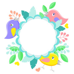 Easter vector card, eggs in bright colors and cute birds.
