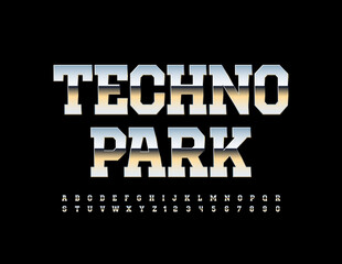 Fototapeta na wymiar Vector bright SignTechno Park. Gradient metallic Font. Glossy chrome reflective Alphabet Letters and Numbers set.