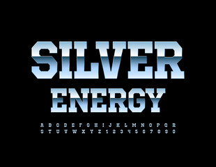 Vector industrial concept Silver Energy. Modern shiny Font. Metallic Alphabet Letters and Numbers set