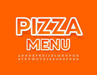 Vector creative template Pizza Menu. Bright sticker Font. Orange Alphabet Letters and Numbers set
