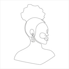 Line art portrait of African American woman with modern afro hairstyle. Continuous one line drawing woman face for logo, banner, print, tattoo, barbershop emblems. Vector illustration.