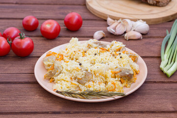 wooden table food, natural fresh pilaf spice