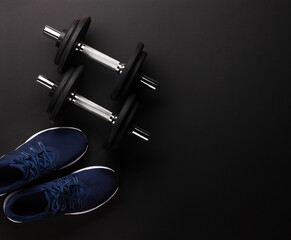 Obraz na płótnie Canvas Sneakers and dumbbells. Sport, fitness and healthy lifestyle