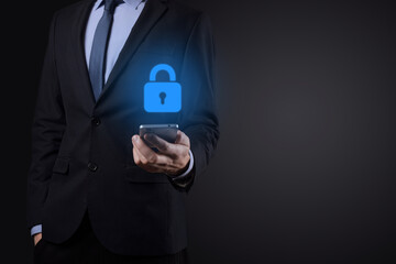 Cyber security network. Padlock icon and internet technology networking. Businessman protecting data personal information on virtual interface. Data protection privacy concept. GDPR. EU