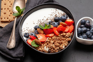 Healthy breakfast with bowl of granola, yogurt and fresh berries