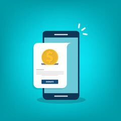 Donate online concept. Smartphone with gold coin and button on screen.