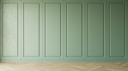 Classic style empty green room with wooden floor and classic wall pannels and a small ceramic vase with green plant against the wall. Perspective of  home interior. 3d illustration.