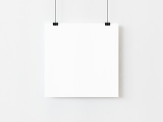 One blank square poster template hanging on thread with paper clips on white background. 3D illustration
