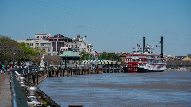 A river boat docked along the Mississippi River in new Orleans La., March of 2021