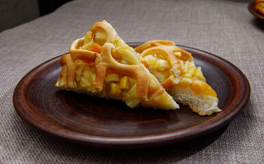 Two pieces of apple pie on a beautiful ceramic plate. a side view.