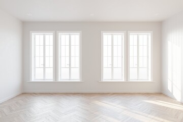 Fototapeta na wymiar Abstract of empty white room with four vertical windows with sunlight cast the shadow on the wall and wood laminate floor, Perspective of minimal interior design architecture. 3D illustration