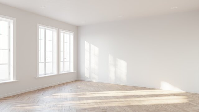 Abstract of empty white room with sun light cast the three vertical tall window shadow on the wall and wood laminate floor, Perspective of minimal interior design architecture. 3D illustration