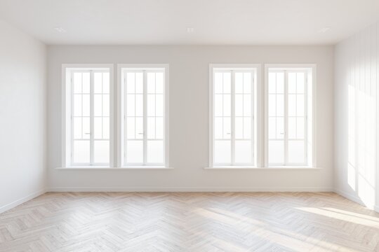 Abstract of empty white room with four vertical windows with sunlight cast the shadow on the wall and wood laminate floor, Perspective of minimal interior design architecture. 3D illustration
